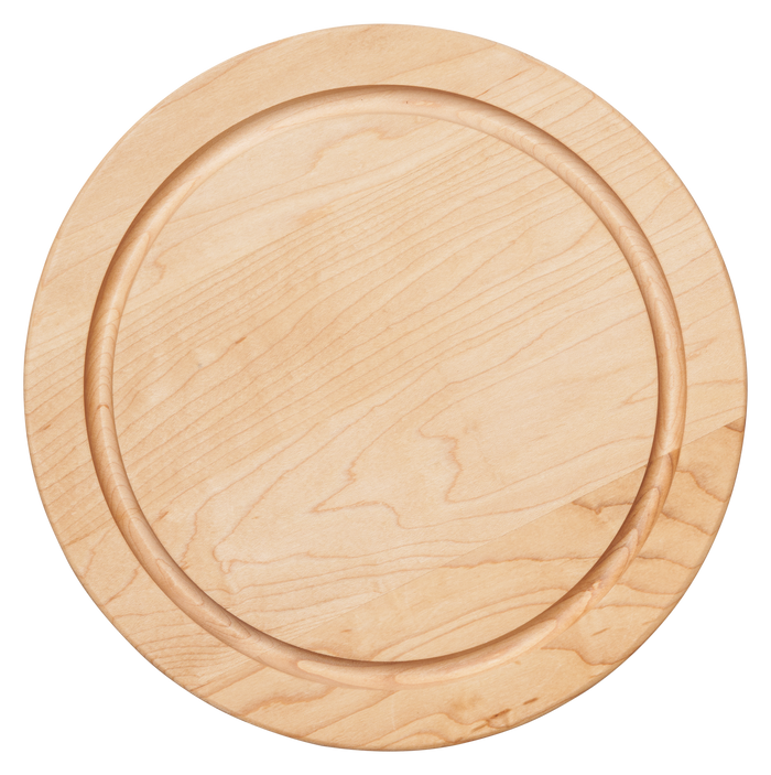 The Maple 12" Round Board features light-colored maple wood with visible grain and a slightly raised rim, shown from above against a white background.