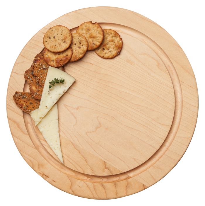The 12" Maple Round Board by Maple displays three herb-garnished cheese slices and five round crackers neatly on the upper left, leaving most of the platter empty.