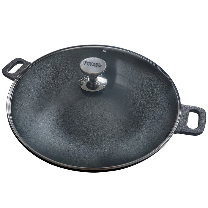 14" CAST IRON WOK W/ GLASS LID