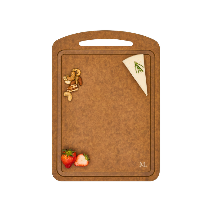 The Maple 14" x 10" Natural Wood Composite Chef Board holds mixed nuts, a wedge of herb cheese, and two strawberries—one whole and one sliced—arranged neatly against a white background.