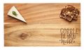 The Maple 14 x 8" Acacia Modern Rectangle Board features "Gobble 'Till You Wobble" engraved in script, shown here with a cheese wedge garnished with rosemary and three seed crackers.