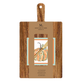 The Sophistiplate 14" x 8" Board Gift Kit: Bright & Thankful includes an acacia wood serving board with handle, decorative card featuring an illustrated pumpkin, and a gold spreader—ideal for charcuterie at your gatherings.