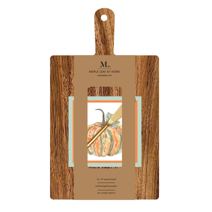 The Sophistiplate 14" x 8" Board Gift Kit: Bright & Thankful includes an acacia wood serving board with handle, decorative card featuring an illustrated pumpkin, and a gold spreader—ideal for charcuterie at your gatherings.