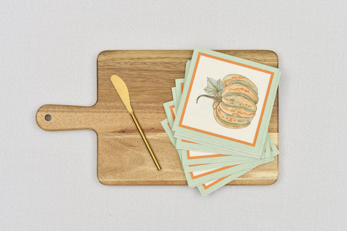 The Sophistiplate 14" x 8" Board Gift Kit: Bright & Thankful includes a wooden serving board, a gold butter knife, and square cards with an orange pumpkin illustration on a white background with a green border.