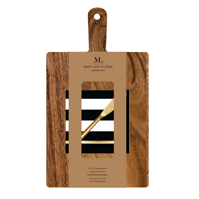 The Sophistiplate 14" x 8" Board Gift Kit: Cordoba features an acacia wood charcuterie board with a handle and a gold spreader, displayed on a black and white striped card—ideal as an appetizer serving board.
