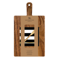 The Sophistiplate 14" x 8" Board Gift Kit: Cordoba features an acacia wood charcuterie board with a handle and a gold spreader, displayed on a black and white striped card—ideal as an appetizer serving board.
