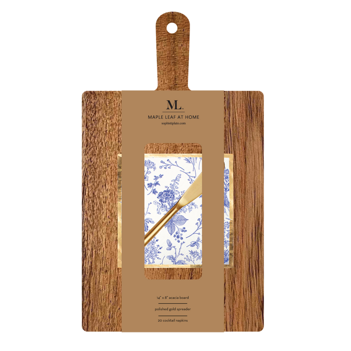 The 14" x 8" Board Gift Kit: Timeless by Sophistiplate features a wooden tray with handle, a gold spreader, and white napkins with blue floral design. The label lists the included items.