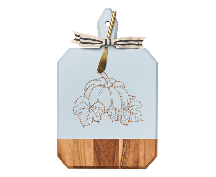 The Maple 16 x 10" Acacia Heirloom Board in Light Blue features a gilded pumpkin illustration, gold cheese spreader tied at the handle, and ribbon—ideal as a laser-engraved festive charcuterie or cheese board.