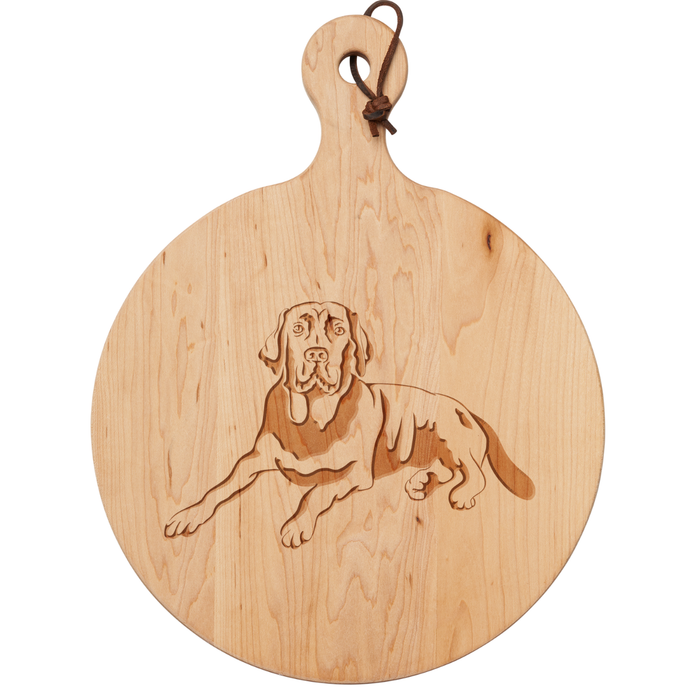 Celebrate Shana Tova in style with the Maple 16x12" Artisan Round Board featuring a Labrador Retriever engraving, handle, and leather loop—a charming addition to your Rosh Hashanah gathering.