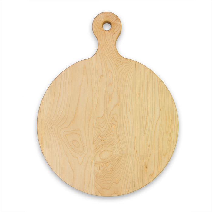 The Maple 16x12" Artisan Round Board, shown with a handle and small hole on a white background, is perfect as a rustic holiday centerpiece or for serving treats at Rosh Hashanah.