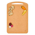 The Maple 18" x 12" Natural Wood Composite Chef Board, with a handle, showcases slices of bread, a yellow bell pepper, and three radishes at the edges while keeping the center clear.