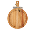 The Maple 19" x 14" Acacia Thick Handle Round Cutting Board features engraved cheese and meat names, a striped ribbon, and a gold spreader—perfect for kitchen decor or as a personalized charcuterie board for any occasion.