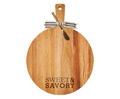 The Maple 19" x 14" Acacia Thick Handle Board With Gold Spreader features "SWEET & SAVORY" engraving, a striped bow, and gold spreader—making it a unique kitchen gift.