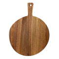 The Maple 19" x 14" Acacia Thick Handle Round Cutting Board features a handle with a small hole, a subtle M engraving near the bottom edge, and is perfect as an XL charcuterie board for gatherings.