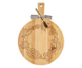 The Maple 19" x 14" Rubber Wood Thick Handle Board with Gold Spreader—Harvest Leaves features an oak leaf and acorn wreath, a striped bow, and a gold-colored cheese knife, making it perfect as a decorative charcuterie board.