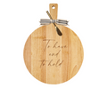 The Maple 19" x 14" Rubber Wood Thick Handle Board features "To Have And To Hold," a gold spreader, and a striped ribbon at the handle—making it a charming housewarming gift.