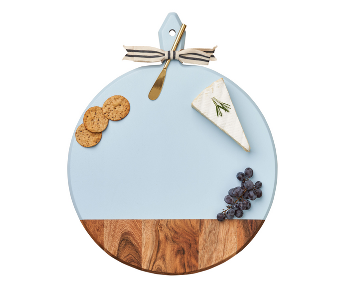 The Maple 20" x 16" Acacia Heirloom Board in Light Blue features a stylish wood-and-blue design and comes with a gold spreader—perfect for an elegant charcuterie display at any gathering.