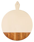 Introducing the 20″ x 16″ Beige Acacia Heirloom Board by Maple. This round charcuterie board features a convenient handle with a small hole and is primarily cream-colored, accented by a strip of natural acacia wood grain at the bottom. Perfect for entertaining, this personalized heirloom-quality piece can be customized with your own monogram.