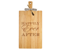 The Maple 24" x 12" Rubber Wood Thick Handle Board with “Happily Ever After” engraving comes with a gold spreader—an elegant, personalized kitchen gift perfect for any celebration.
