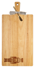 The Maple 24" x 12" Rubber Wood Thick Handle Board with Gold Spreader features a Nutcracker design, striped ribbon accent, and makes a unique housewarming gift.