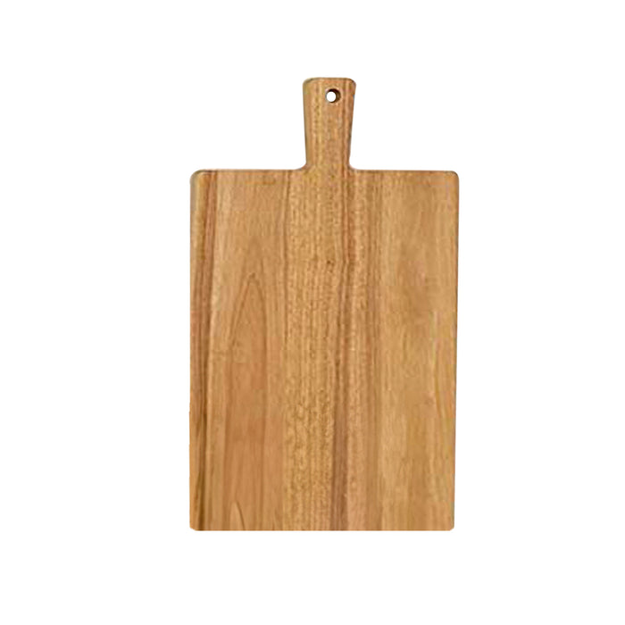 The Maple 24" x 12" Rubber Wood Thick Handle Cutting Board features a rectangular shape with a handle and a small hole at the end, shown on a white background.