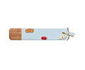 The Maple 34" x 6" Acacia Heirloom Board in Light Blue displays three crackers, a cheese wedge, and a grape tomato. A gold spreader is tied to its handle with string.