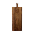 The Maple 35" x 12" Acacia Wood Thick Handle Cutting Board features a handle with a hanging hole—ideal as an XL charcuterie board—shown against a white background.