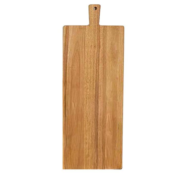 The Maple 35" x 12" Rubber Wood Thick Handle Cutting Board, featuring a handle with a small hole, is ideal for serving charcuterie and is shown against a white background.