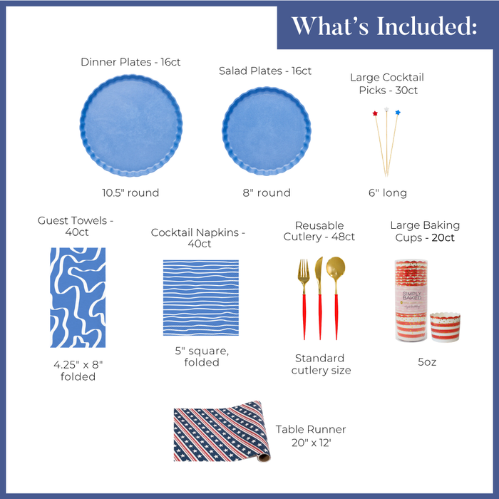 A graphic showcases Sophistiplate LLC's "4th of July Table for 16+: French Blue" Party Pack, which includes eco-friendly plates, cocktail picks, guest towels, napkins, reusable cutlery, baking cups, and a table runner with sizes and quantities displayed.
