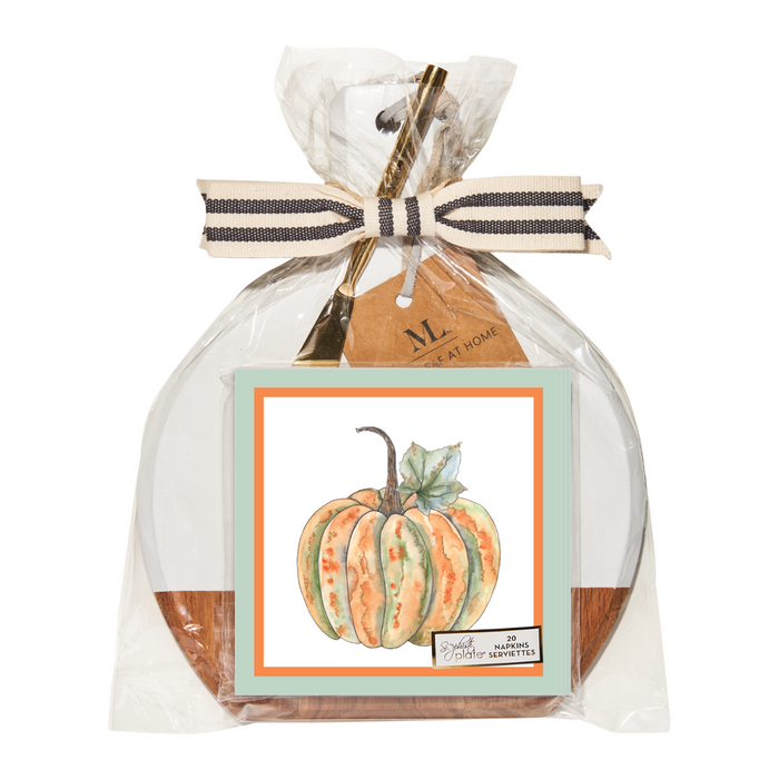 The Sophistiplate 9.75" x 8" Board Gift Kit: Bright & Thankful includes an acacia wood charcuterie board, gold and white utensil, and pumpkin napkins, wrapped in clear plastic with a striped ribbon—perfect for serving appetizers.