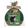 The Sophistiplate 9.75" x 8" Board Gift Kit: Tailgate comes wrapped in clear cellophane with a striped ribbon, a green "Tailgate All-Star" sports-themed label with a football helmet, and includes an acacia wood charcuterie board inside.
