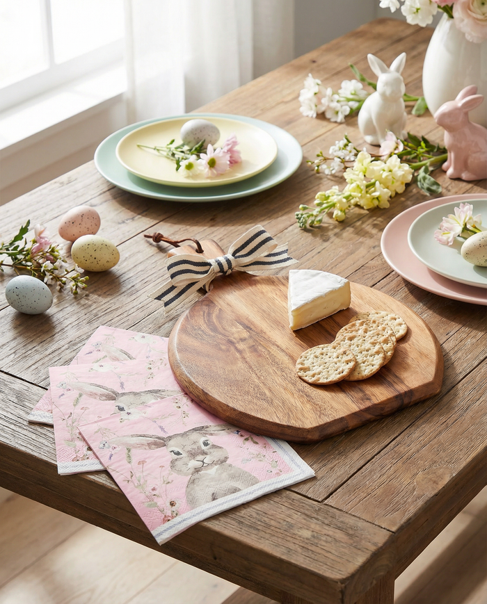A spring table features pastel plates, bunny figurines, speckled eggs, flowers, pink bunny napkins, and cheese and crackers served on the Sophistiplate 9.75" x 8" Board Gift Kit w/o spreader: Charming Easter.