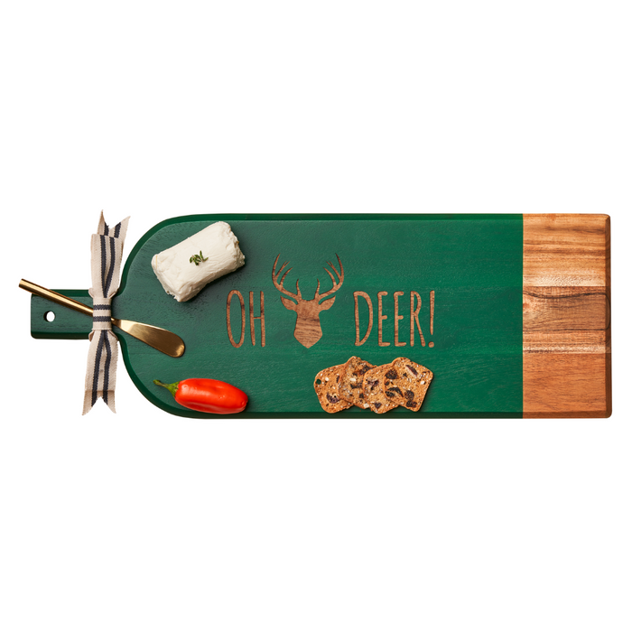 The Maple Acacia Bevel Board Long Green (20x7") with "Oh Deer" engraving comes with a gold spreader and striped ribbon, making it perfect for serving cheese and appetizers at stylish gatherings.