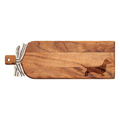 The Maple Acacia Bevel Board Long (20 x 7") features a handle, striped ribbon, gold spreader, and an engraved dachshund silhouette on one end.