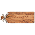The Maple Acacia Bevel Board Long (20 x 7") is engraved with "To Have And To Hold" and comes with a gold spreader and a black and white striped ribbon at the handle end.
