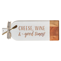 The Maple Acacia Bevel Board Long White (20x7") features "Cheese, Wine & Good Times" script, a striped ribbon on the handle, and includes a gold spreader—perfect for charcuterie.