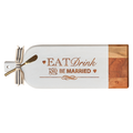 The Maple Acacia Bevel Board Long White (20x7") features "Eat Drink and be Married" text, a black and white striped ribbon, and a gold spreader—perfect as a serving or charcuterie board.