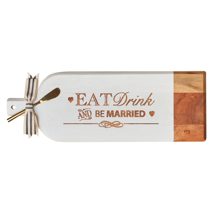 The Maple Acacia Bevel Board Long White (20x7") features "Eat Drink and be Married" text, a black and white striped ribbon, and a gold spreader—perfect as a serving or charcuterie board.