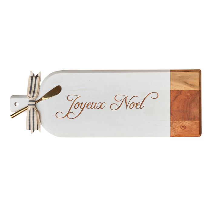 The Maple Acacia Bevel Board Long White (20 x 7") features "Joyeux Noel," white and natural wood sections, and comes with a gold spreader tied with a striped ribbon—perfect for festive spreads.