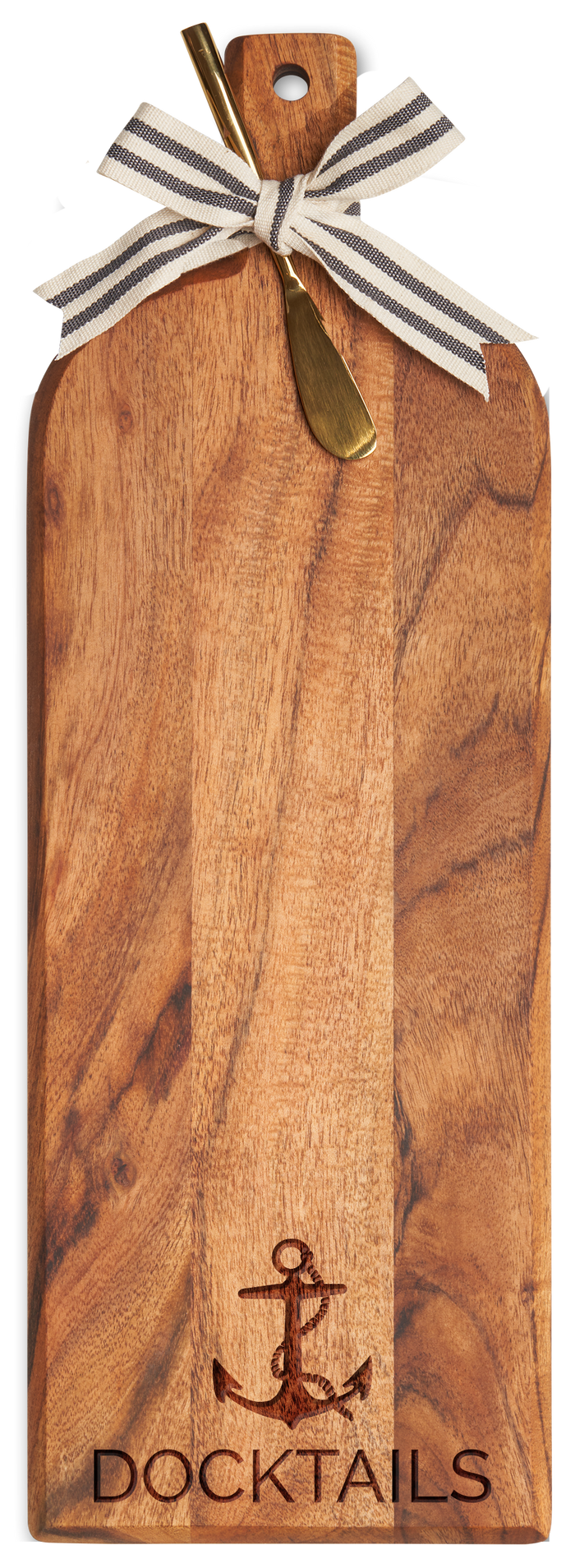 The Maple Acacia Bevel Board (20 x 7") features a striped ribbon-tied handle, gold spreader knife, and an engraved anchor above "DOCKTAILS," making this wood cheese board both stylish and special.