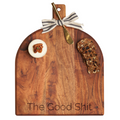 The Maple Acacia Bevel Board w/ Ribbon & Gold Spreader Knife | The Good Shit | 15 x 12" features a beveled edge and comes topped with round cheese, pecans, fruit and nut bread, and a brass spreader tied with a striped ribbon.