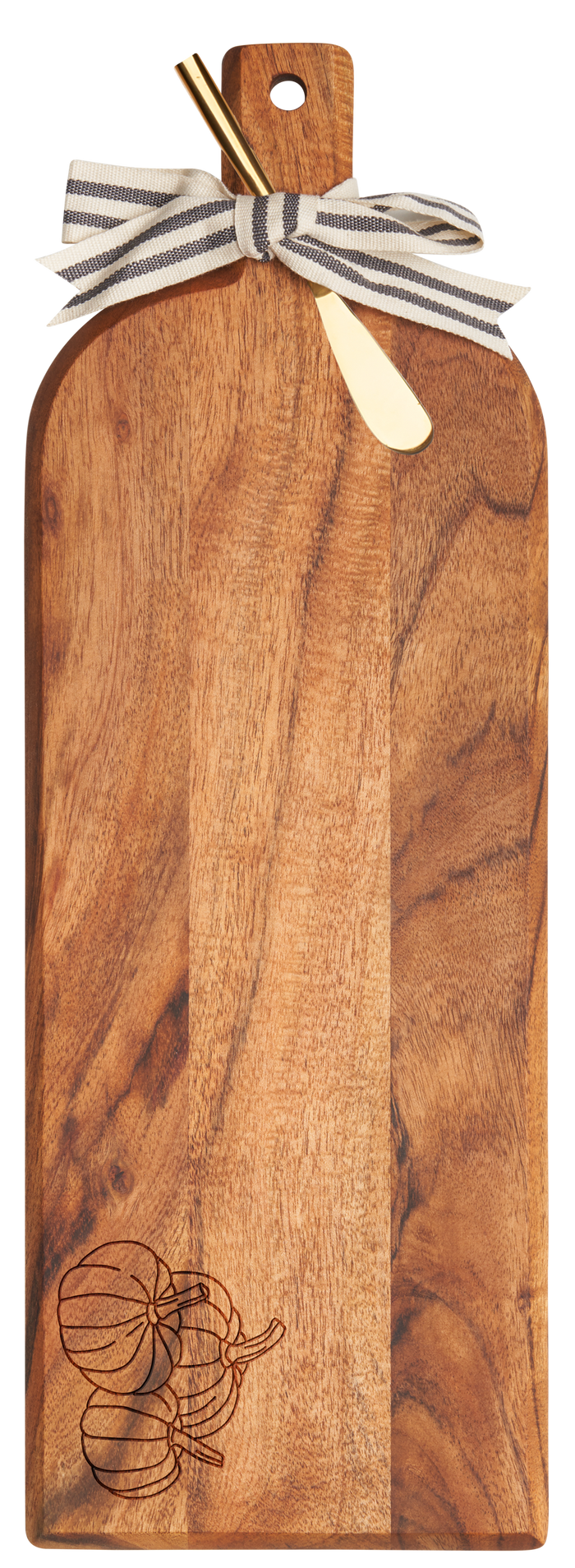 The Maple Acacia Bevel Board w/ Ribbon & Gold Spreader Knife features three engraved pumpkins and measures 20 x 7". This elegant serving board is perfect for gatherings.