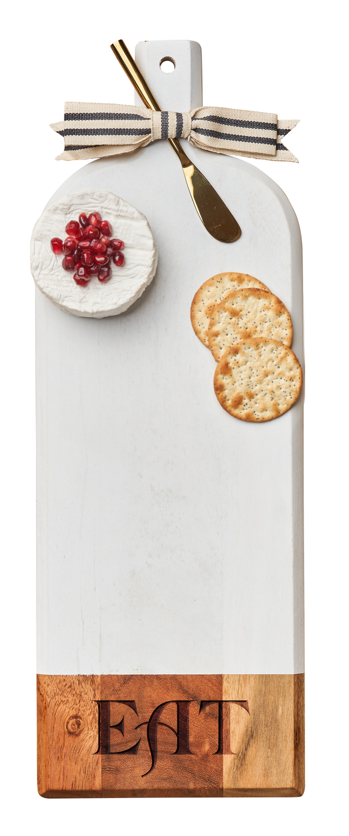 The Maple Acacia Bevel Board White w/ Ribbon & Gold Spreader Knife (20 x 7", engraved with "Eat") features a white and acacia design, striped ribbon bow, and includes a gold knife—perfect for stylish cheese and cracker serving.
