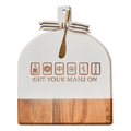 The Maple Acacia Bevel Board features a white top, natural wood bottom, engraved “Get Your Mahj On” design, and mahjong tiles. Includes a gold spreader knife and striped ribbon—ideal as a personalized 15"x12" charcuterie board.