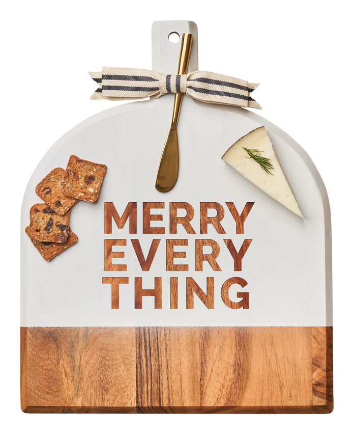 The Maple Acacia Bevel Board in white features "MERRY EVERYTHING," a gold spreader knife, and striped ribbon, sized 15" x 12" x .6"—perfect for serving cheese and crackers at festive gatherings.