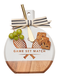 The Maple Acacia Bevel Board White w/ Ribbon & Gold Spreader Knife | Tennis (9.75 x 8") features marble sections, engraved rackets, a striped bow, and is ideal for stylish charcuterie at your next gathering.