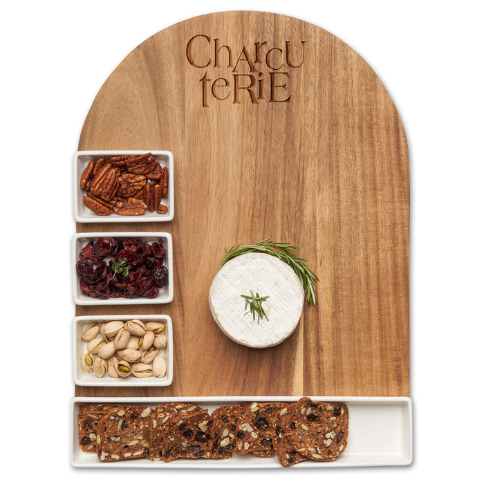 The Maple Acacia Fête Set Grand | Charcuterie | 16.25 x 12" elegantly serves brie with rosemary, crackers, pecans, dried cranberries, and pistachios in ceramic dishes—perfect for gatherings.
