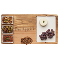 The Maple Acacia Fête Set Tray | Bon Appetite (18" x 9.5") features “Bon Appetit” engraving and comes with ceramic snack dishes, perfect for serving cheese, red grapes, assorted crackers, olives, nuts, and seasoned almonds.