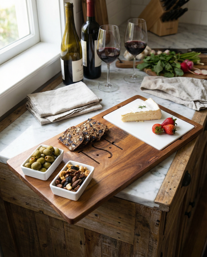 On a kitchen counter, the Maple Acacia Fête Set Tray | Mr. & Mrs. | 18" x 9.5" holds crackers, nuts, olives, cheese, and strawberries beside ceramic snack dishes, two glasses of red wine, wine bottles, folded napkins, and a knife block.