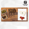 The Maple Acacia Fête Set Tray (18 x 9.5), personalized, displays ceramic snack dishes with olives, mixed nuts, multigrain bread, brie cheese, and strawberries. A "Personalize This Item!" label appears at the top right.